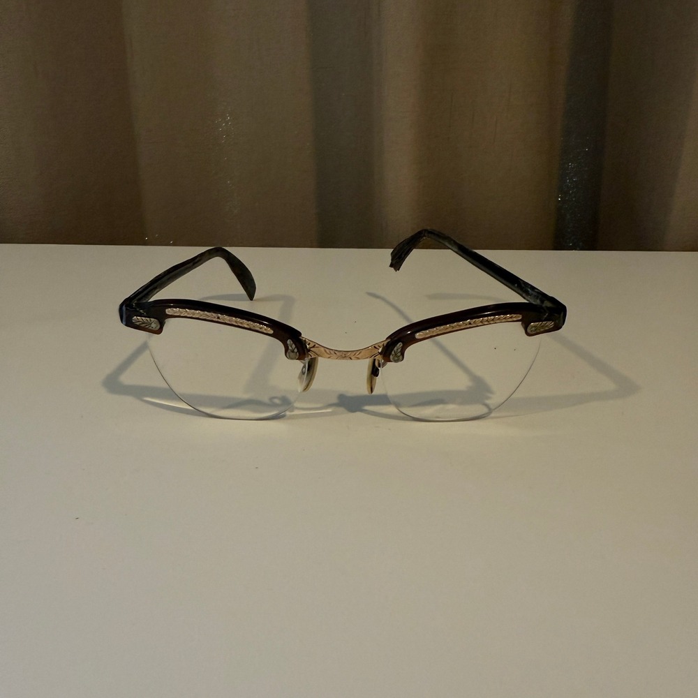 Vintage Eyeglasses Frames Half Rim Gold Filigree Black Horn‎ Rim Glasses